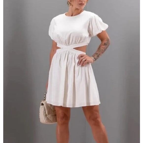 New NWT By Egreis Lila Dress Large White Side Cut-Out Linen - Picture 2 of 15